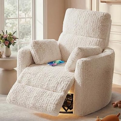HUSFU Power Rocker Recliner for Adults, Glider Recliner Nursery Chair with 2 Pillows and USB & Type-C Ports,Plush Swivel Rocker Recliner for Living Room,Bedroom,Beige