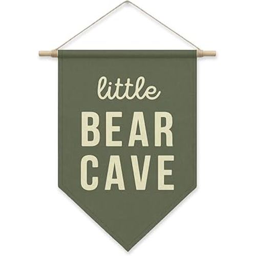 SHIEL-EVEN Little Bear Cave Poster Hanger Frame, Kids Pennant Banner Flags, Nursery Decor for Baby Boy Children, Toddler, Canvas Wall Hanging Decor for Kids Room Bedroom Playroom, Sage Green Wall Art