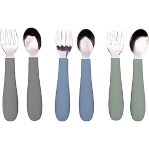 WeeSprout Toddler Utensils, 3 Forks & 3 Spoons, 18/8 Stainless Steel & Food Grade Silicone, Thick Easy-Grip Handles, Perfect Length For New Self Feeders, Gentle On Gums & Teeth, Dishwasher Safe
