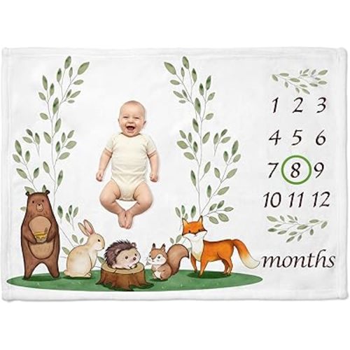 Woodland Baby Monthly Milestone Blanket, Boy Girl Photo Prop, Soft Fleece