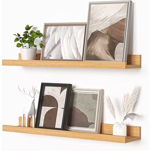 Heimlove Picture Ledge Shelf, Floating Shelves Set of 2, 24 Inches Picture Shelf for Wall with Ledge, Kids Bookshelf Wall Mounted for Living Room Bedroom Decor Books Photo Frames - Natural Oak