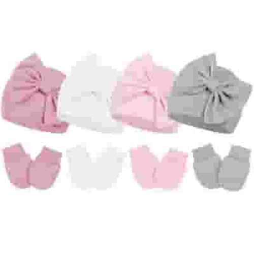 American Trends Newborn Hats and Mittens Baby Beanies for Baby Boys and Girls Soft Infant Hats with Bow White & Pink & Gray & Dark Pink for 0-3 Months