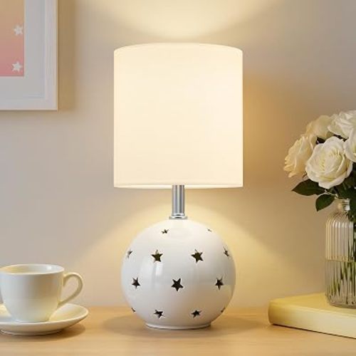 Small Table Lamp,14" White Ceramic Bedside Lamp for Girls Kids Bedroom,Dorm | Kids Night Stands Lamps, Lighting Aesthetic End Table Lamp, Cute Dorm Lamps for Girl, Rocker Switch, Adjustable Bulb Included