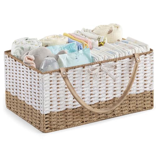 HBlife Diaper Caddy Organizer, Large Hand-Woven Storage Basket for Diapers & Baby Essentials - Modern Fashion Colorblock Design, Ideal Gift for Baby Shower & Registry Must-Have
