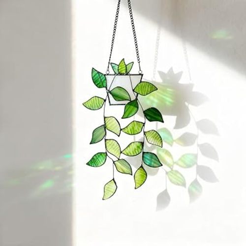 Stained Glass Leaf Hanging with Metal Chain, Green Window Decoration for Home, Gift for Mom, Father & Nature Lovers.