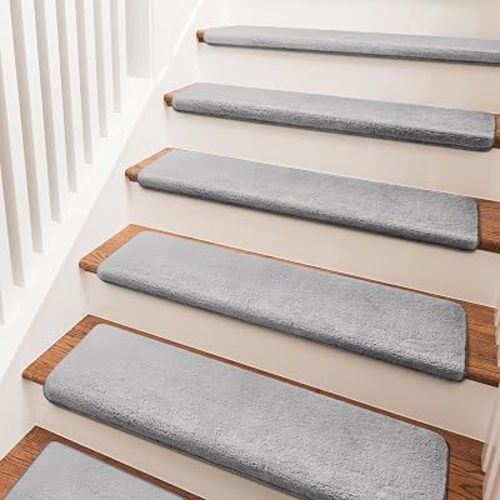PURE ERA Carpet Stair Treads Ultra Plush 9.5" X 36"Soft Bullnose Indoor Stair Protectors Pet-Friendly Non-Slip Skid Resistant Tape Free Washable Reusable(7 Pieces, Gray)