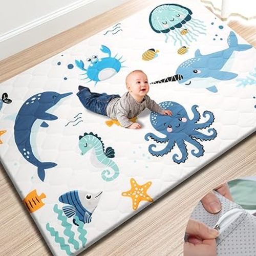 TINYHARBO Premium Foam Baby Play Mat 74x50 – Removable & Machine Washable Cover, Extra Thick Padding Playpen Mat, Non-Slip Crawling Mat, Easy to Clean for Infants, Toddlers & Babies