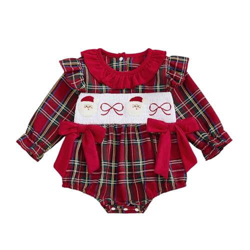 Engofs Baby Girl Halloween Outfit Long Sleeve Pumpkin Smocked Plaid Romper Fall Winter Clothes