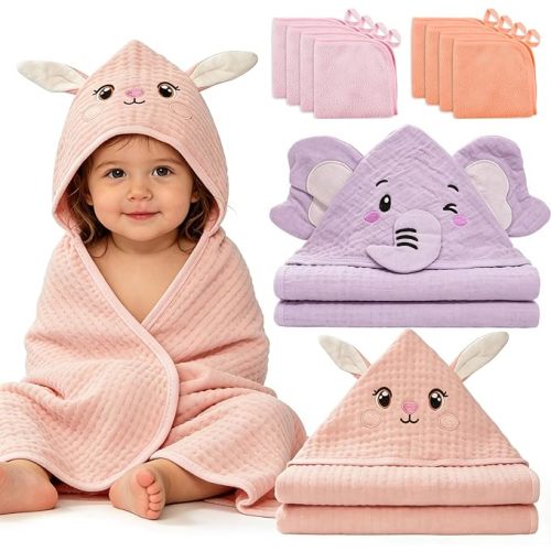 2 Pack Muslin Hooded Baby Bath Towels & 8 Washcloths, 100% Cotton