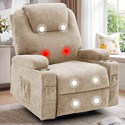 Korser Recliner Chair, 360° Manual Swivel Rocker Chair with Overstuffed Headrest, Rocking Chair with Massage and Heating, Lounge Chair with Cup Holders for Living Room, Bedroom, Nursery, RV, Chenille