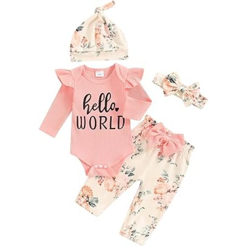Hello World Newborn Outfit Baby Girl Going Home Outfit Ruffle Ribbed Romper Top Floral Pants Set Cute Summer Clothes