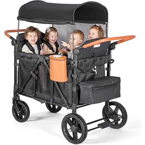 Foldable 4-Seater Wagon Stroller for Kids, All-Terrain Wagon with Snack Tray, High Seats, 5-Point Harness, Adjustable Handle, Canopy, Parent Organizer & Insulated Snack Pack (Black)