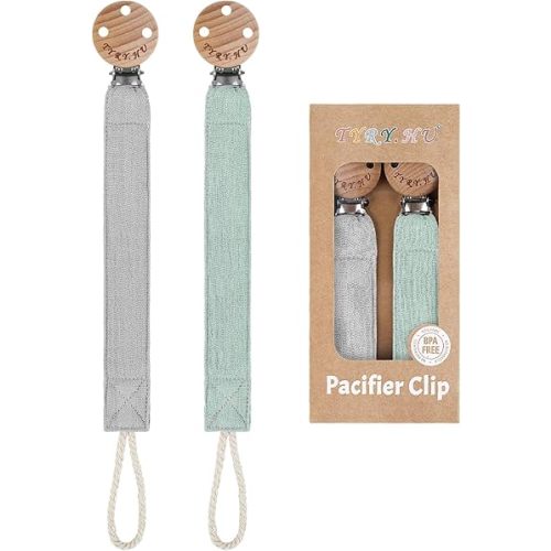 TYRY.HU Ribbon Pacifier Clip Holder,2 Pack Binky Paci Holder Clips, Pacifier Leash for Baby Boys and Girls, Soft Webbing Strap Universal Fits for Most Pacifier, Styles & Teethers Toys(Grey, Green)