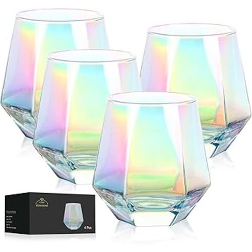 Stemless Wine Glasses Set of 4, Modern Rainbow Diamond Wine Glass, Lead-Free Premium Crystal Iridescent Wine Glasses Set for Daily Use Wedding Anniversary or Birthday Gift