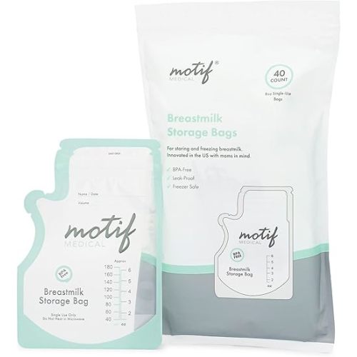 Motif Medical Breastmilk Storage Bags - Breastmilk Freezer Bags w/Easy Pour Spout, Write-On Label - Leak-Proof Double Zipper Milk Bags for Breastmilk - Breastfeeding Mom Gifts (6 Oz, 40 Count)
