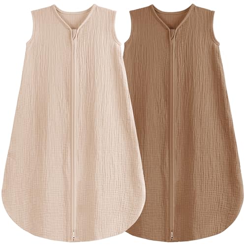 BSTOPPT 2 Pack Baby Sleep Sack 0-24 Months Baby Sleeping Bag 2-Way Zipper Toddler Wearable Blankets (Beige&Coffee TOG 0.3, Small)