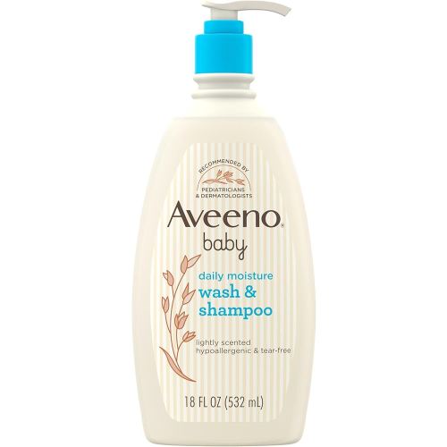 Aveeno Baby Daily Moisture Gentle Body Wash & Shampoo with Oat Extract, 2-in-1 Baby Bath Wash & Hair Shampoo, Tear- & Paraben-Free for Hair & Sensitive Skin, Lightly Scented, 18 fl. oz