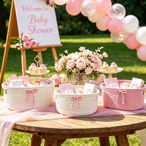 Set of 3 Woven Cotton Rope Storage Baskets with Bows - Pink and White Nursery Toy Organizer & Newborn Diaper Caddy - Elegant Baby Shower Basket & Cozy Home Decor