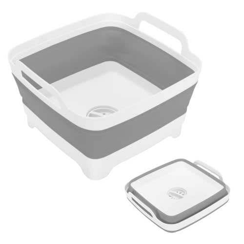 Collapsible Dish Basin 2.4Gal/9L, Foldable Kitchen Sink Tub With Drain Plug,Wash Basin for Dishes,Fruits,Bottles,Space-Saving for RVs,Camping & Laundry(Gray)
