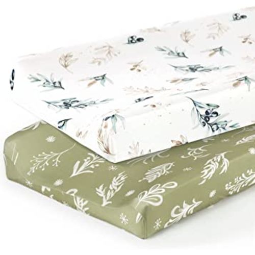 GRSSDER Stretch Ultra Soft Jersey Knit Changing Pad Cover Set 2 Pack,Change Table Pad Covers Fit 32"/34" x 16" Pads Safe and Snug,Stylish Watercolor Flora and Olive for Baby