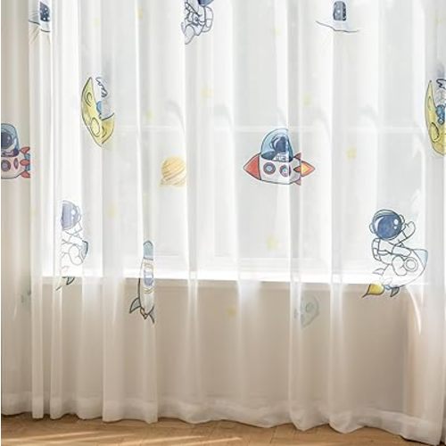 KMSG Cartoon Astronaut Theme Sheer Curtain for Bedroom Living Room