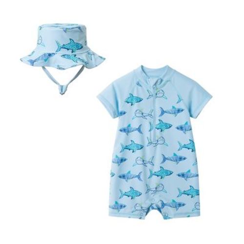 Andy & Evan Infant Shark Print Swim Romper Blue, Size 6-9 Months.