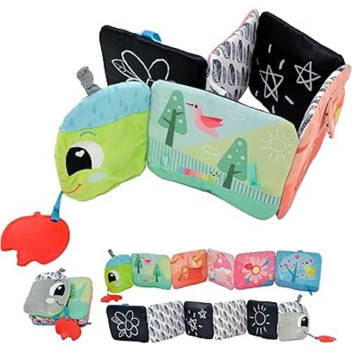 Lamaze Colorful Journey Caterpillar High Contrast Baby Book - Soft Fabric Baby Sensory Books - Includes Chewy Apple for Teething Babies - Baby Sensory Toys Ages 6 Months and Up