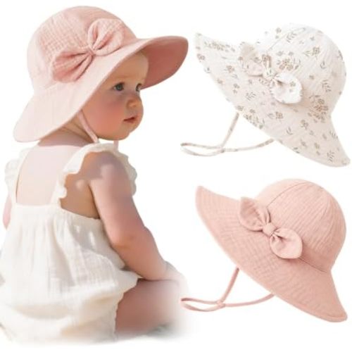 Konssy 2-Pack Muslin Baby Sun Hats for Girls with Bows, UPF 50+