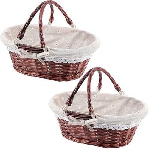 2 PCS Small Wicker Gift Picnic Basket, Brown Willow Woven Basket, Fruit Easter Candy Wedding Party Decoration Serving Basket with Folding Handles and Linen Cloth Lining
