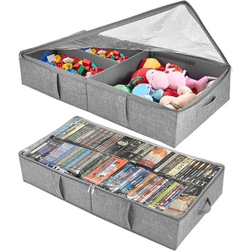 2-Pack Under Bed Toy Storage Boxes, Grey Toy Organizer with Clear PVC Lid, Foldable Under Couch Storage Bins (31.8×16×5.9in), Toys Storage Containers for Plush Dolls, Books, Clothes, Shoes & Blankets