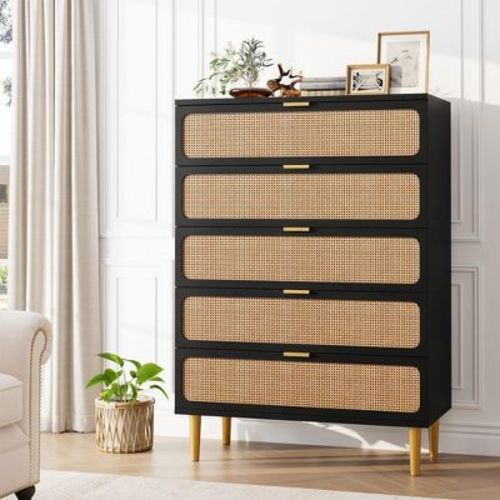 Rattan 5 Drawer Dressers for Bedroom, Tall Dresser with Deep Drawers, Large Chest of Drawers for Closet with Wide Top, Long Wooden Dresser