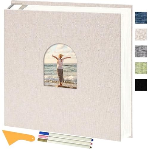 Vienrose 12.60x13 Inch Self-Adhesive Photo Album Linen Cover Arch Window Scrapbook Album 120 Pages Blank Inner Page Memory Book with Three Metallic Pens, Beige