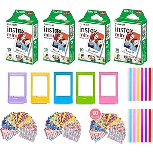 Fujifilm Instax Mini Instant Film (2 Pack, 40 Sheets) 5 Plastic Desk Frames + 60 Sticker Frames + 2 Packs Corner Stickers
