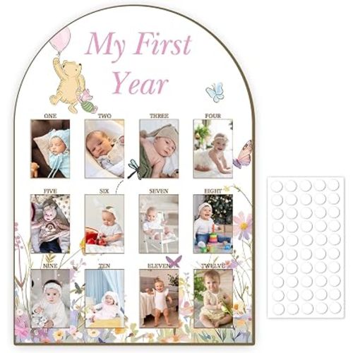 Lovely Winnie My First Year Photo Board,Pink Floral Baby Milestone Picture Frame for Girls,1st Birthday Decorations,the pooh Arch Wooden Board,Cute Baby Nursery Decor,Perfect Gifts for New Parents