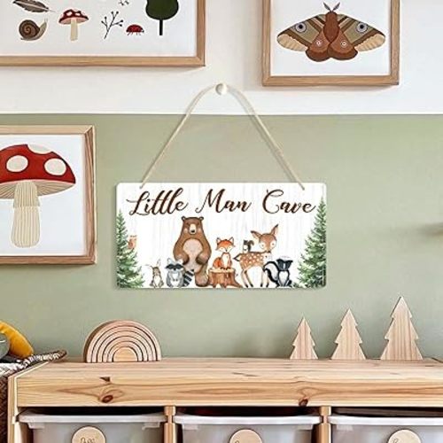 Uflashmi Wood Liitle Man Cave Sign, Woodland Animal Nursery Wall Decor for Baby Boys Room, Woodland Theme Nursey Room Decor for Toddler Boy, 12”x6”