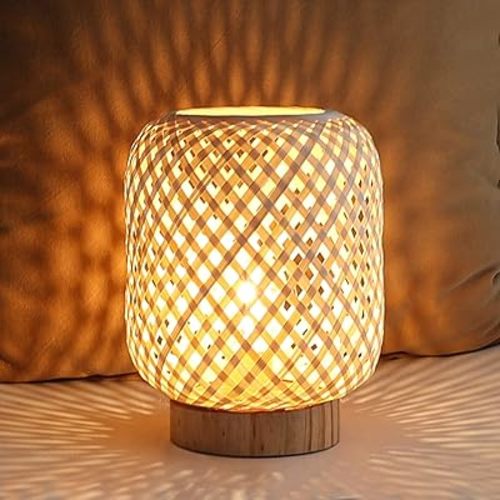 Rattan Lamp, Cordless Boho Lamp Battery Operated, Table Lamp with LED Bulb, Handmade Bamboo Beside Lamp Small Rattan Lamp, Decorative Battery Lamp for Kids Room Entryway - Grid