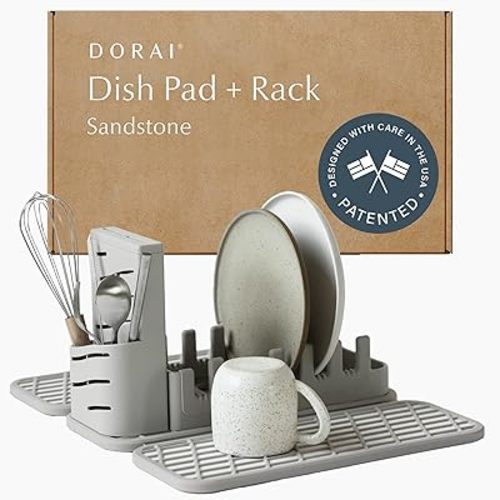 Dorai Home Collapsible Dish Drying Rack with Stone Dish Pad - Kitchen Counter Set with Diatomaceous Earth Stone Dish Mat for Quick Drying - Space-Saving Design - Original 19.9"x15.2", Sandstone