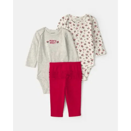 Baby Girl 3-Piece Floral Long-Sleeve Bodysuit & Pant Set - Red/Grey | Carter's
