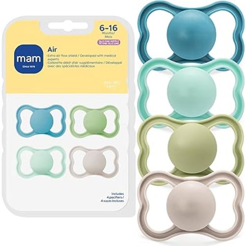 MAM Air Pacifier for Babies 6-16 Months, Extra Air Flow for Sensitive Skin, Developed with Medical Experts, BPA-Free Skin Soft Silicone, 4 Count, Made in Europe