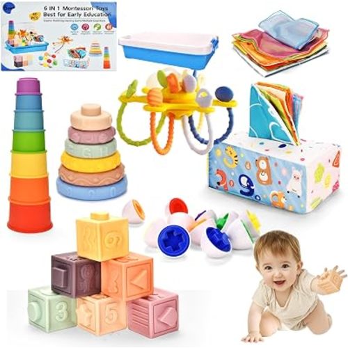 Montessori Toy Set 6 in 1 Baby Toys 6 to 12 Months, Montessori Toy for Toddlers 1-3, Infant Teething Babies Toy Stacking Blocks Rings Pull String Toy