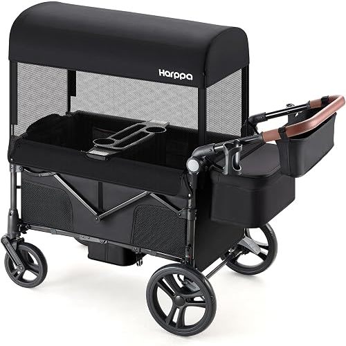 Harppa Remy Foldable Wagon Stroller for 2 Kids with Mosquito Net UPF 50+ Canopy, 110 lbs Capacity, 5-Point Harness, All-Terrain Wheels, Adjustable Handle for Park Zoo Camping Twins and Siblings Black