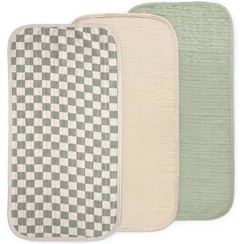 mushie Water Repellent Changing Pad Liners | Made with Organic Cotton | Set of 3 (Olive Check Combo)