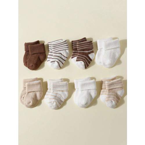 8pairs Solid & Striped Crew Socks For Infant, Daily Wear | SHEIN USA
