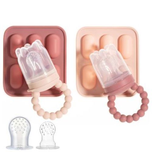 Silicone Baby Fruit Feeders with Freezer Tray for Batch Prep, Set of 2 Safe & Convenient Includes Extra Pouches & Travel Lids, Dishwasher Safe, Pink
