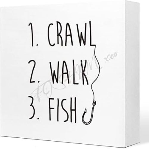 Wood Box Sign Bookshelf Wooden Box Sign Crawl Walk Fish Wooden Box Sign Funny Baby Fishing Wood Block Signations For Home Bedroom Baby Room Desk Shelf Table Decor 5X5Inch