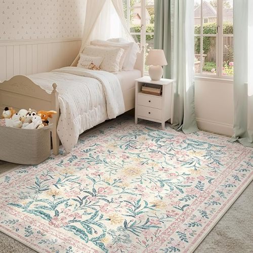 Floral Pink Rugs for Bedroom Girls, Washable 5x7 Area Rug for Nursery Decor, Indoor Soft Low-Pile Floor Boho Flower Carpet for Kids Playroom Dorm Living Room Dining Room