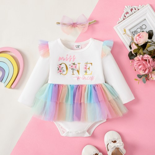 PatPat 2pcs Baby Girl Naia Sweet Letter Patten Mesh Ruffle Romper Set