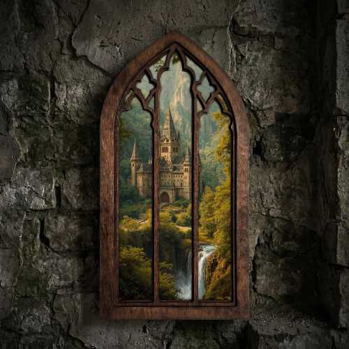 Vintage Castle Painting, Gothic Window Wall Art, Fantasy Landscape Print, Cathedral Arch Frame, Dark Academia Decor, Wood Laser Cut Layer 3D