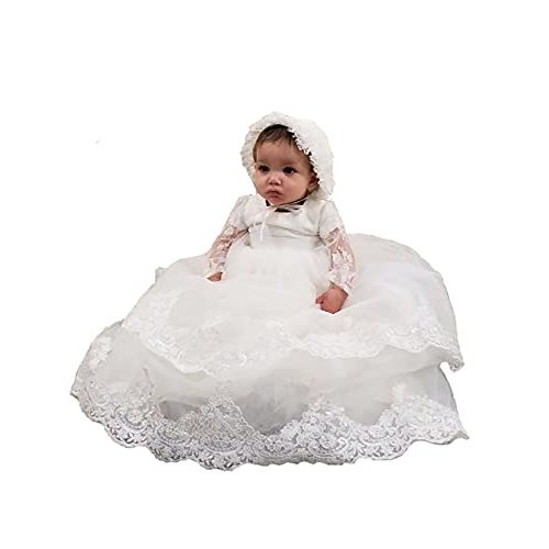 SPPRANDOM Aorme Baby Girls Baptism Christening Gown Dress with Bonnet Long Tulle Lace Edge Newborn White