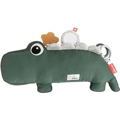 Done by Deer Tummy Time Activity Toy Croco Green - Soft Pillow with Teether, Rings, Mirror, Tags, and Crinkle Sounds for Sensory Exploration & Neck/Back Strength